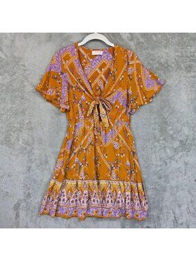 C+D+M Collection Dress Womens M Orange Paisley Boho Tie Front Mini Sundress